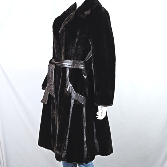 Vintage Tissavel France Faux Fur & Leather Chocolate Brown 70s Glam Belted Coat - Picture 6 of 16
